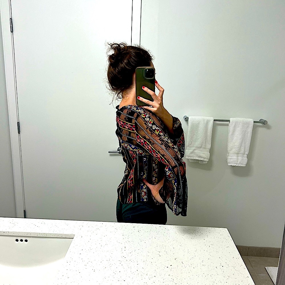Alice + Olivia blouse, bell sleeve. Fun floral print, see through.